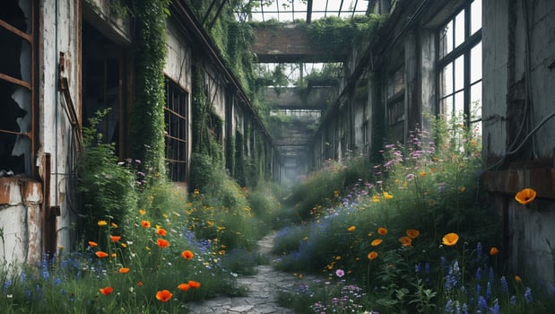 Overgrown corridor in an abandoned building adorned with colorful wildflowers in a serene atmosphere photo