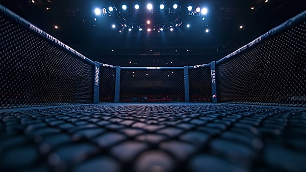 Empty mma cage awaiting fighters under bright lights photo