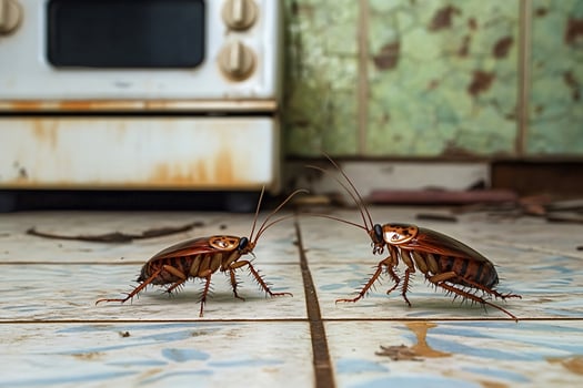 Two cockroaches facing each other in dirty kitchen photo
