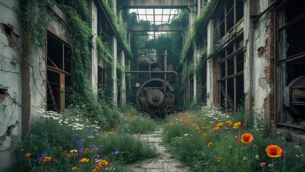 Overgrown factory with wildflowers blooming in neglected industrial site during daylight photo