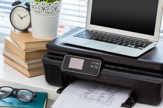 Printer and computer. Office table photo