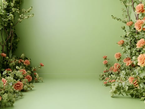 Digital Rendering Pale Orange Roses and Green Foliage on Pastel Green Background photo