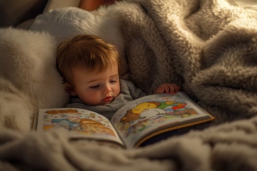 A baby is reading a cartoon animal book while laying on a bed. photo