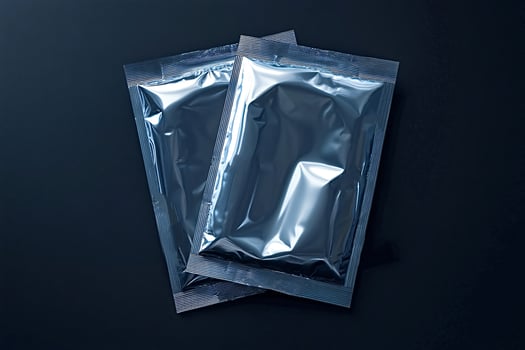 Two foil packaging sachets lying on dark background photo