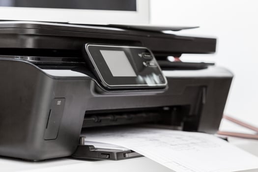 Printer and computer. Office table photo