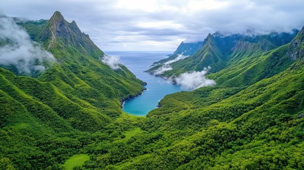The green mountains of the island are surrounded by water photo