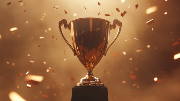gold winners sports cup on festive background sport confetti, design trophy, Golden symbol celebration, champion competition, with games photo
