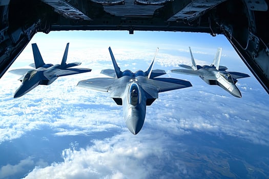 Three f-22 raptors flying in formation over cloudy landscape photo