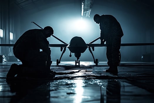 Military personnel preparing unmanned combat aerial vehicle, ucav photo