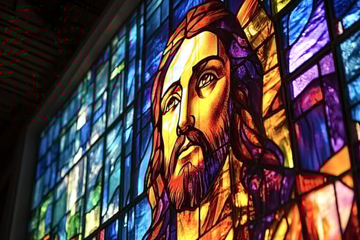 Stained glass window depicting jesus christ looking upwards in thought photo