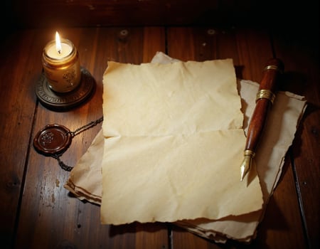 Old parchment and pen on a wooden table with candle photo