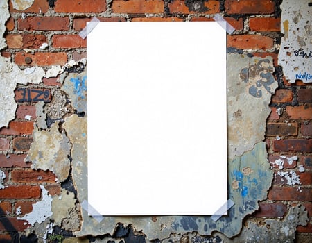 A white paper is taped to a brick wall photo