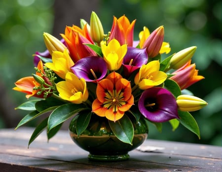 A colorful bouquet of flowers in a vase on a table photo
