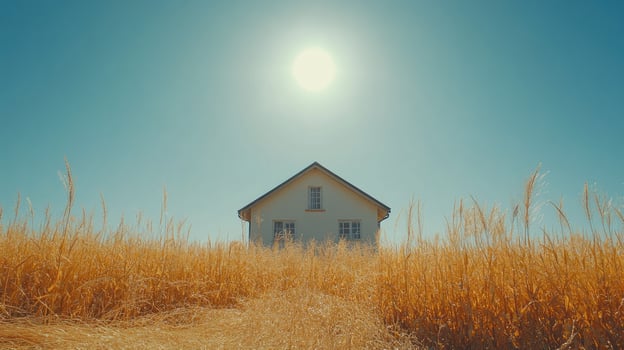 Lonely house standing in a golden wheat field under the summer sun photo