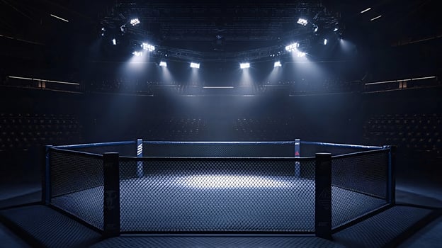 Empty ufc octagon awaiting fighters in a dark arena illuminated by spotlights photo