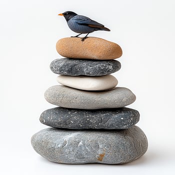 A bird perched on a stack of smooth stones, showcasing nature's beauty. photo