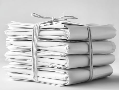 Stack of neatly bundled papers, ideal for office or stationery use. photo
