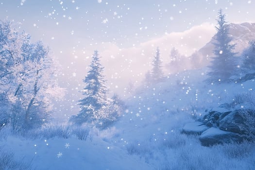 Snow falling on winter wonderland mountain landscape photo