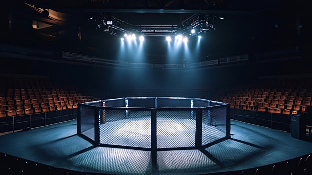 Empty octagon cage awaiting fighters in arena lit with spotlights photo