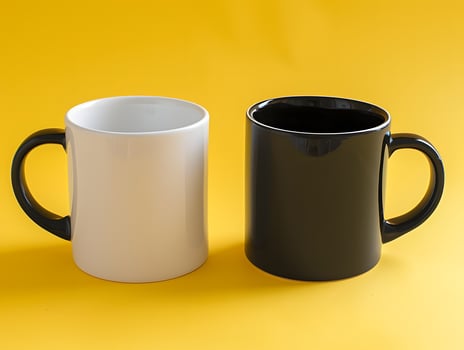 Two black and white mugs on a yellow background photo