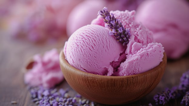 Lavender ice cream in a wooden bowl photo