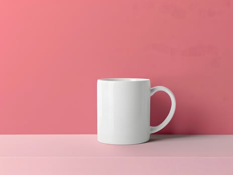 A white mug is sitting on a pink background photo