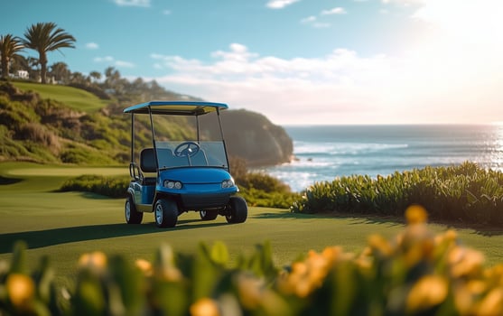 Golf cart parked on a scenic coastline during golden hour at a coastal golf course photo