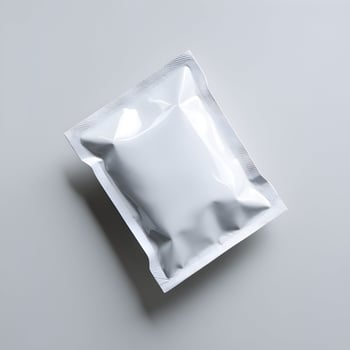 White packaging pouch floating on gray background, sealed minimalist design For Social Media Post Size photo