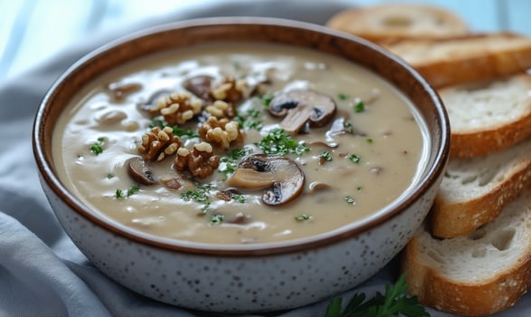 Mushroom soup with bread photo