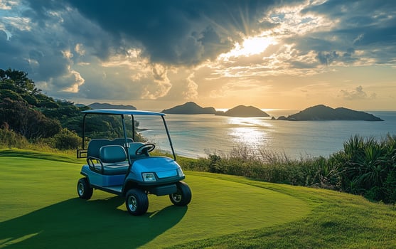 A golf cart on the green at sunset photo