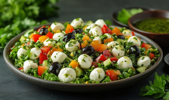 A bowl of salad with vegetables and cheese photo
