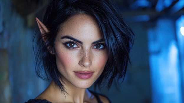 Close up portrait of a woman with elf ears and freckles photo