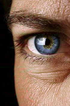 Close up of a human eye with blue iris and visible blood vessels photo