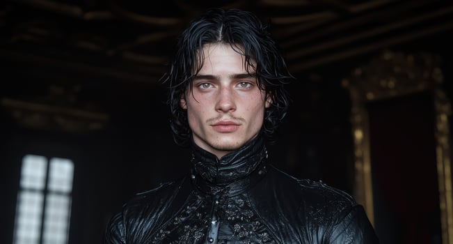 Portrait of a young man with long dark hair, wearing a black jacket photo