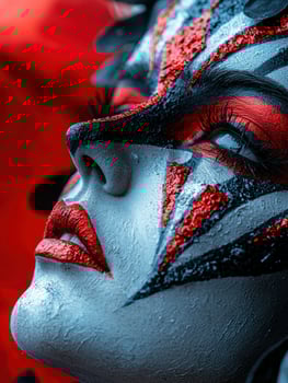 Close up of a womans face with artistic makeup, red and black patterns photo