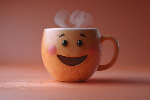 Cheerful Smile Face Mug with Steam on Warm Orange Background photo