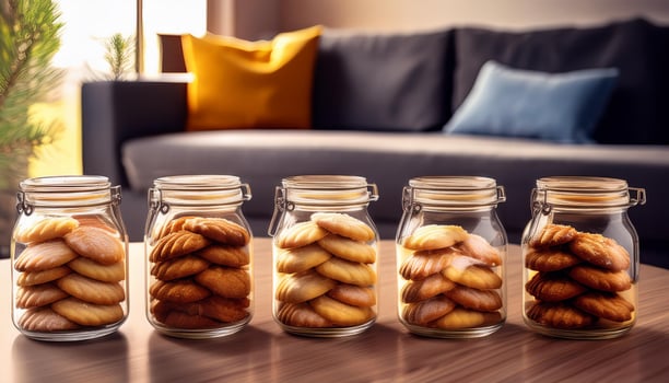 jars, filled with cookies, on the table of living room photo