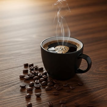 The cup of black coffee with coffee beans in White ceramic cup with a smooth, whipped cream foam. Ideas for cozy winter settings, coffee shop themes, or lifestyle. photo