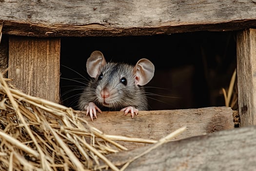 Curious rat peeking out of hole in wooden structure photo
