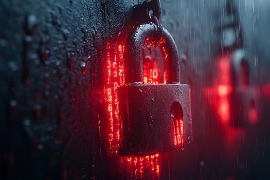 Cybersecurity Concept Lock Against Digital Data with Red Light in Rain Effect photo