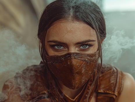 A woman wearing a leather mask in a smoky environment photo