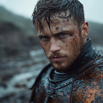 A determined warrior with battle scars and wet hair stares intensely photo