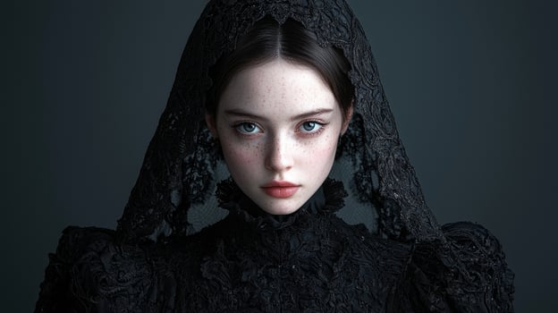 A young woman with freckles wearing a black lace veil photo