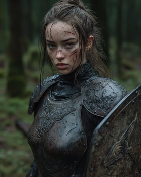 A young female warrior stands ready for battle in a forest photo