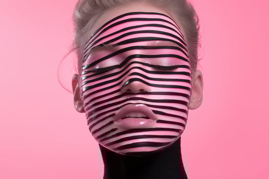Woman with creative black stripe makeup on pink background photo