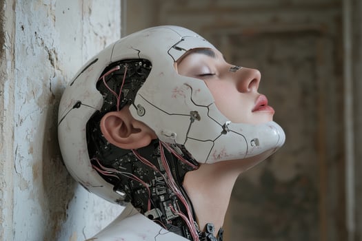 Cyborg woman with closed eyes resting against a wall photo