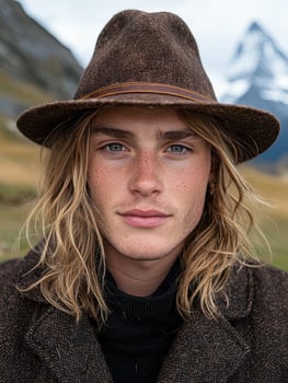 Portrait of a man with long hair wearing a hat in a mountain landscape photo