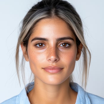 A beautiful woman with freckles smiles at the camera photo