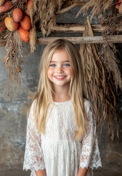 Smiling young girl in a white lace dress photo