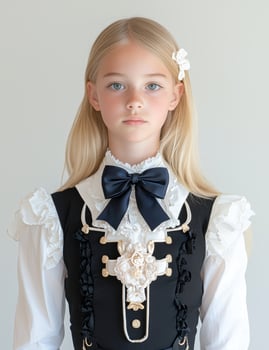 Portrait of a young girl with blonde hair wearing a dress with a bow photo